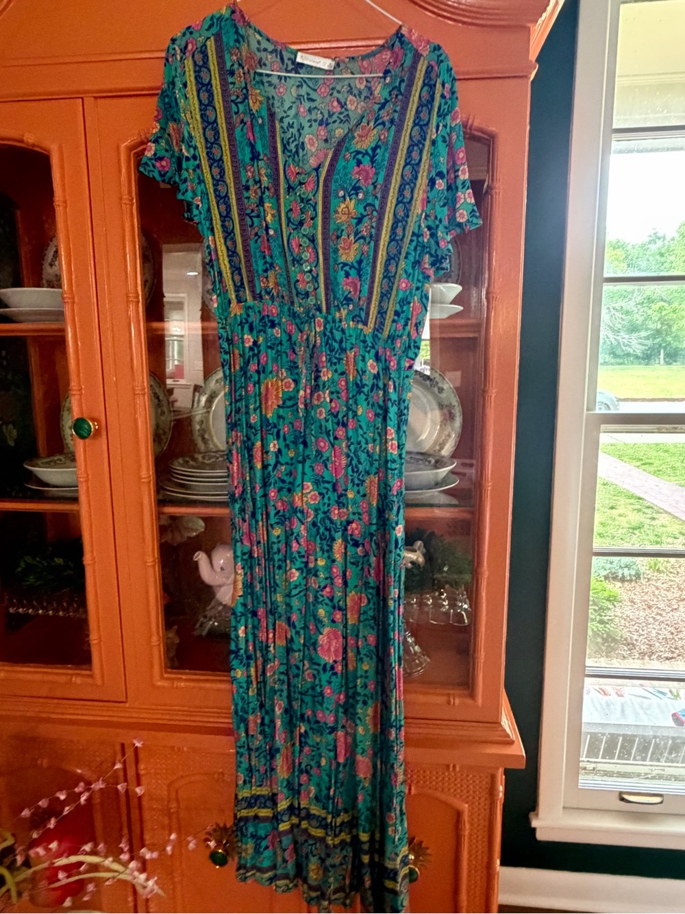 Floral Teal Bohemian Maxi Dress with Elastic Waist